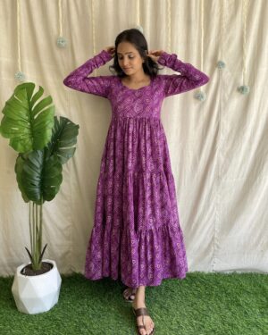 Purple bandhani print 3 tiered maxi dress