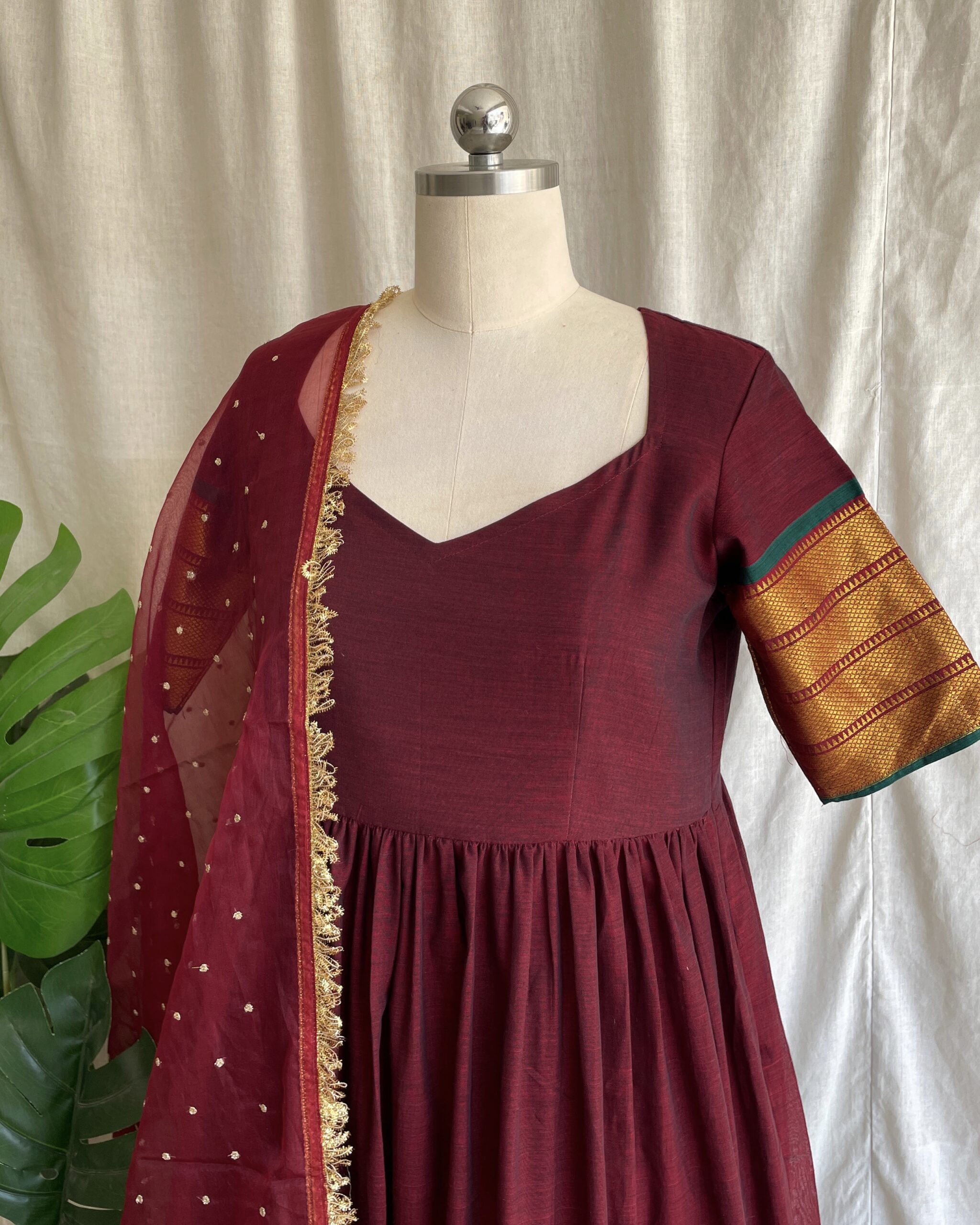 Maroon handloom long dress with dupatta