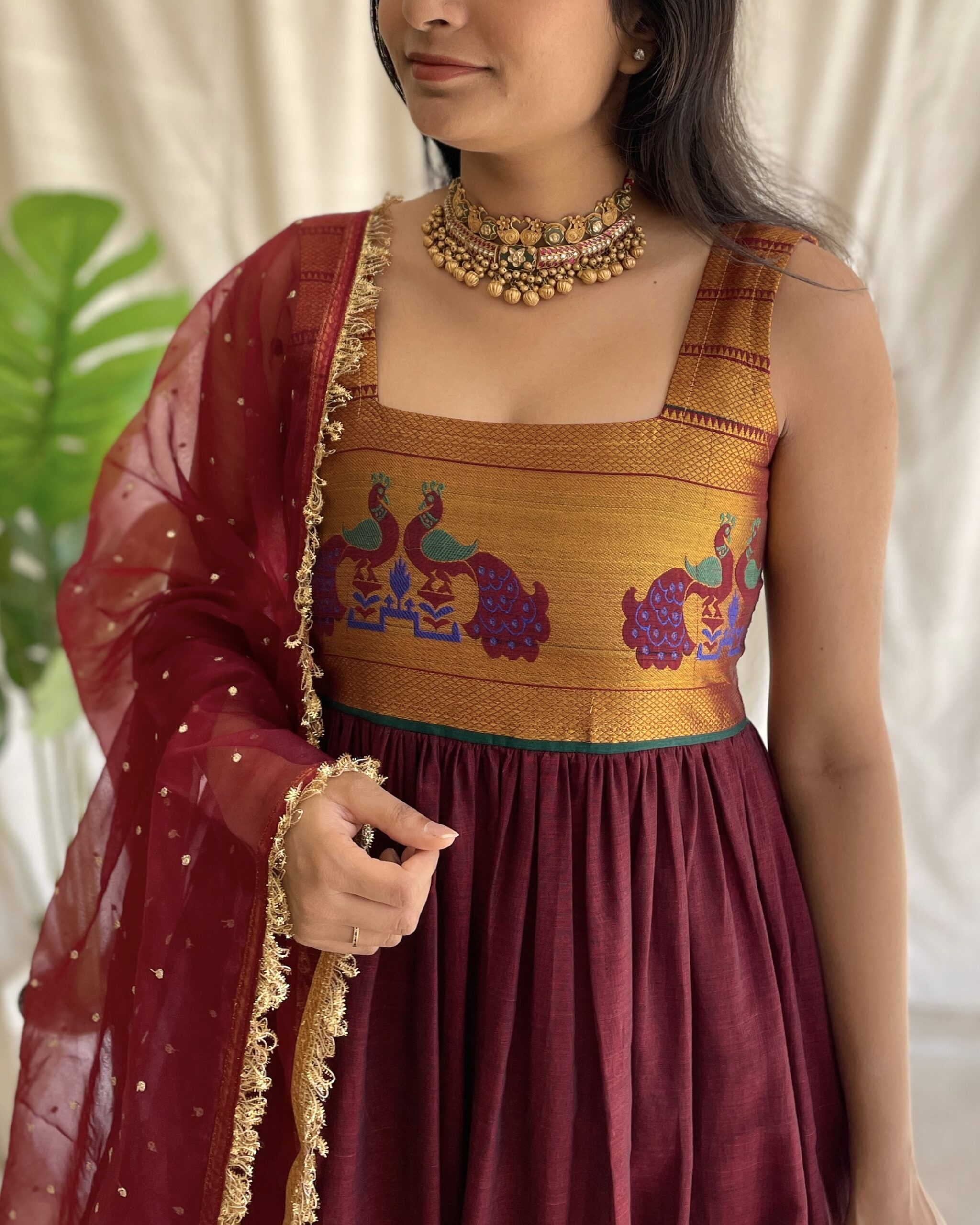 Maroon handloom long dress with dupatta