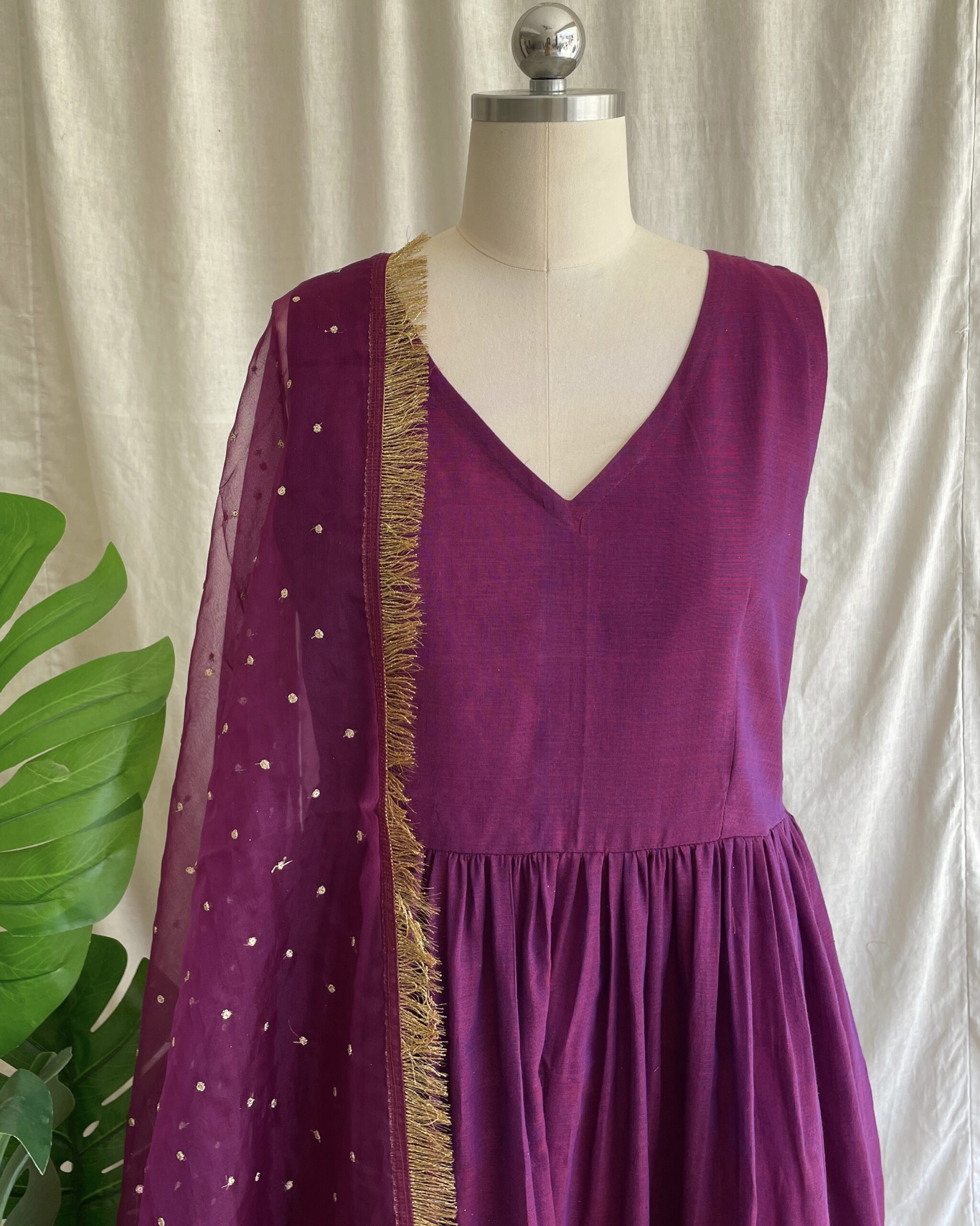 Wine handloom long dress with dupatta