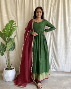 Parrot green handloom long dress with dupatta