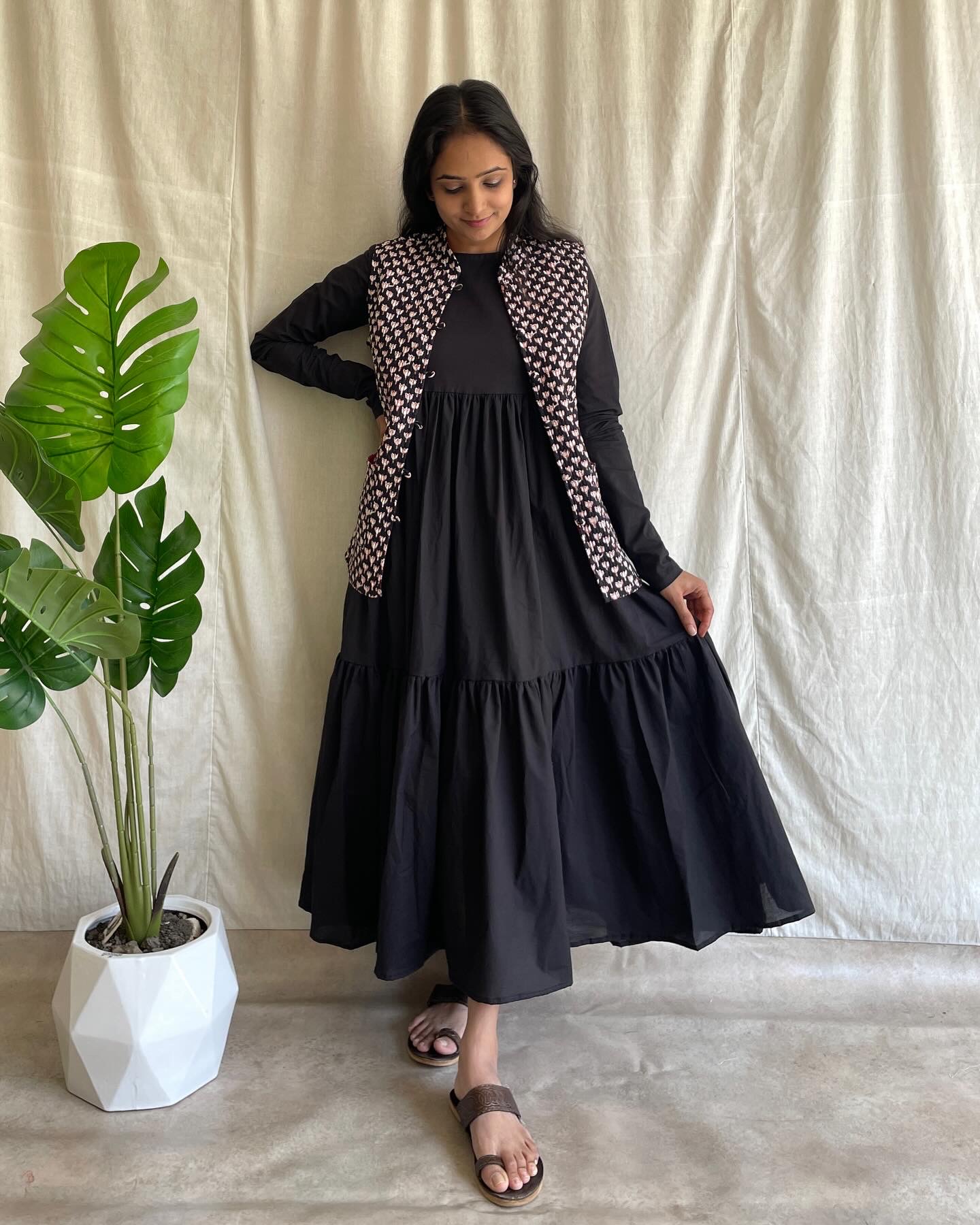 Cotton 2 tiered maxi dress with quilted jacket