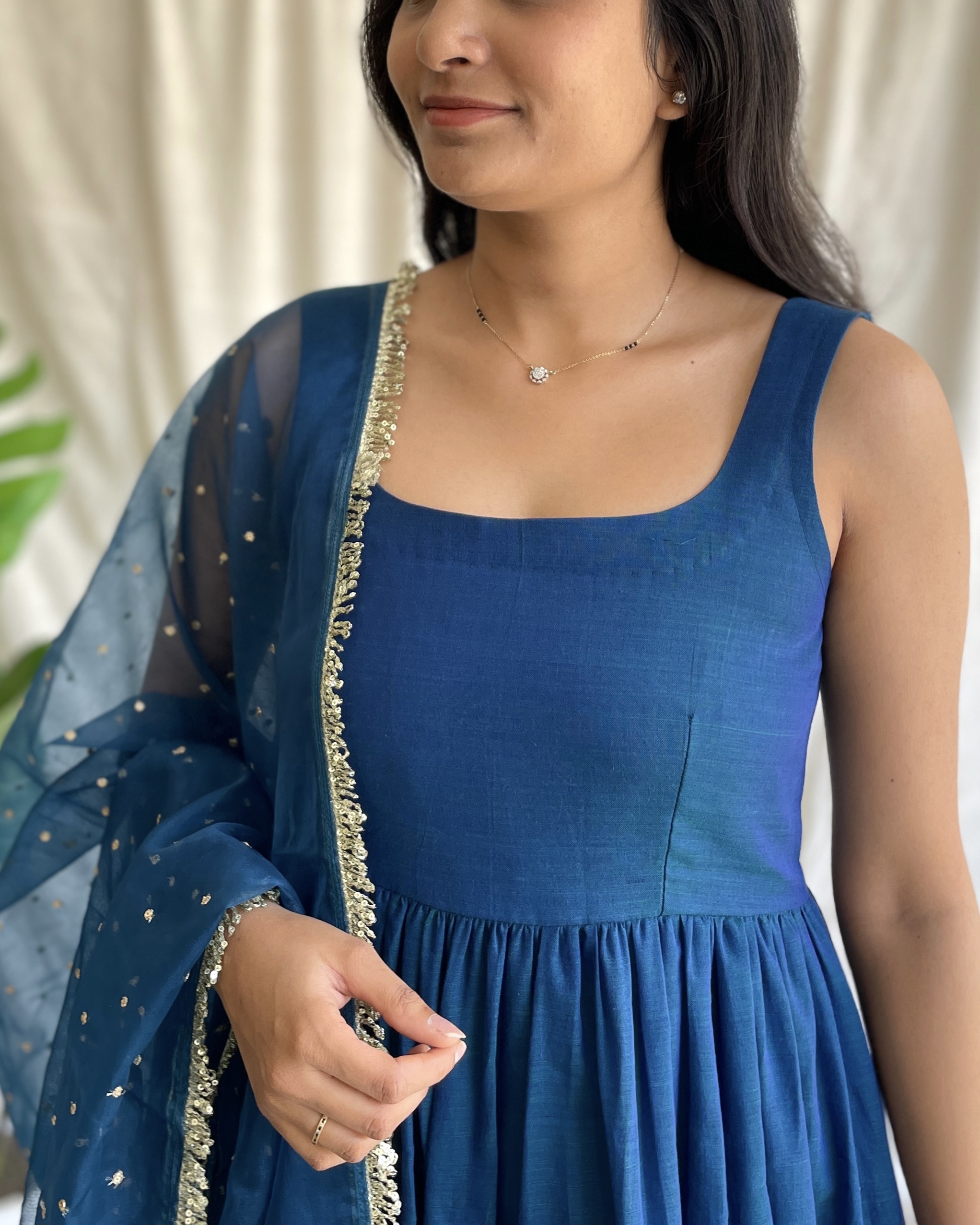 Navy blue handloom long dress with dupatta