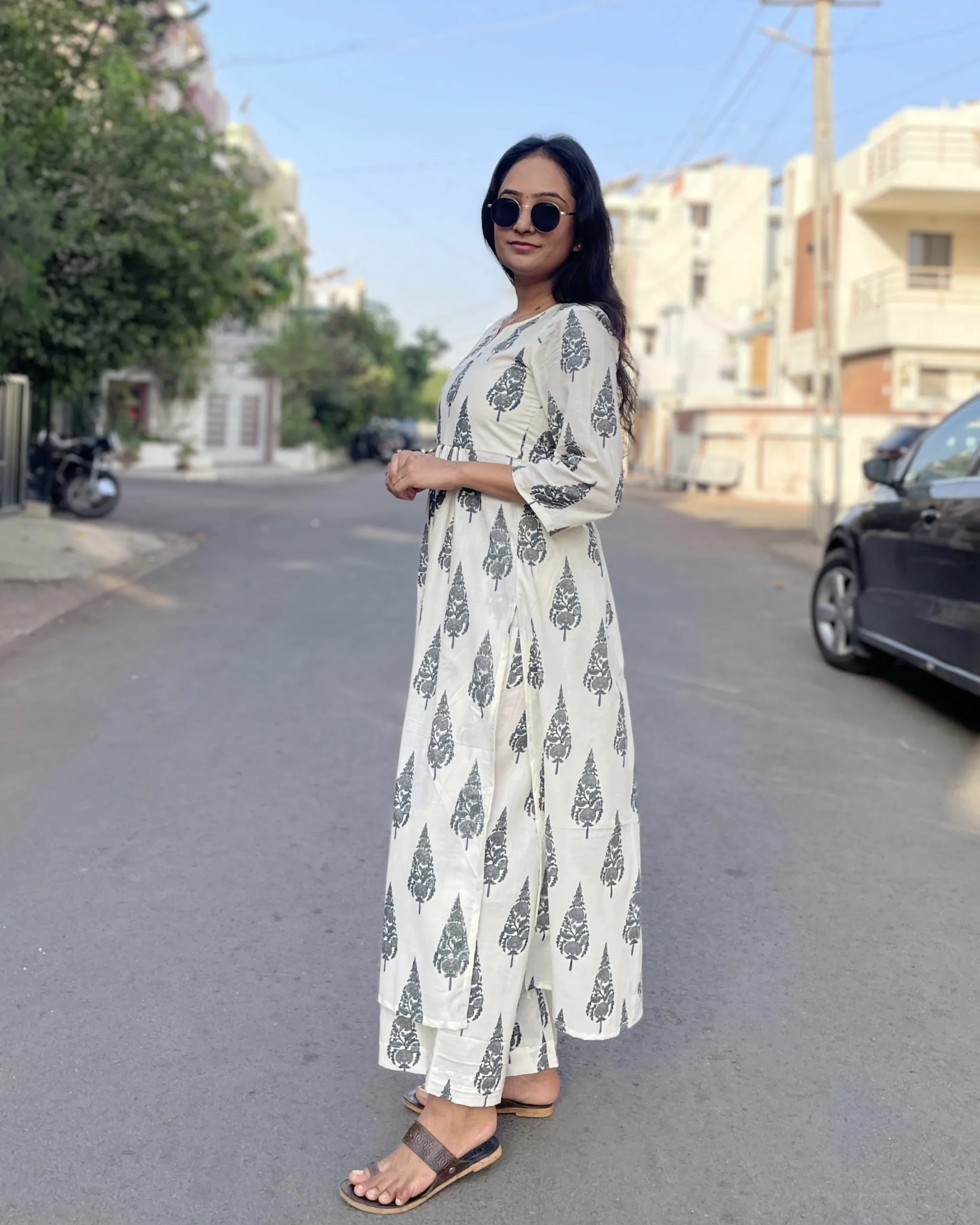 Off white printed cotton kurta set