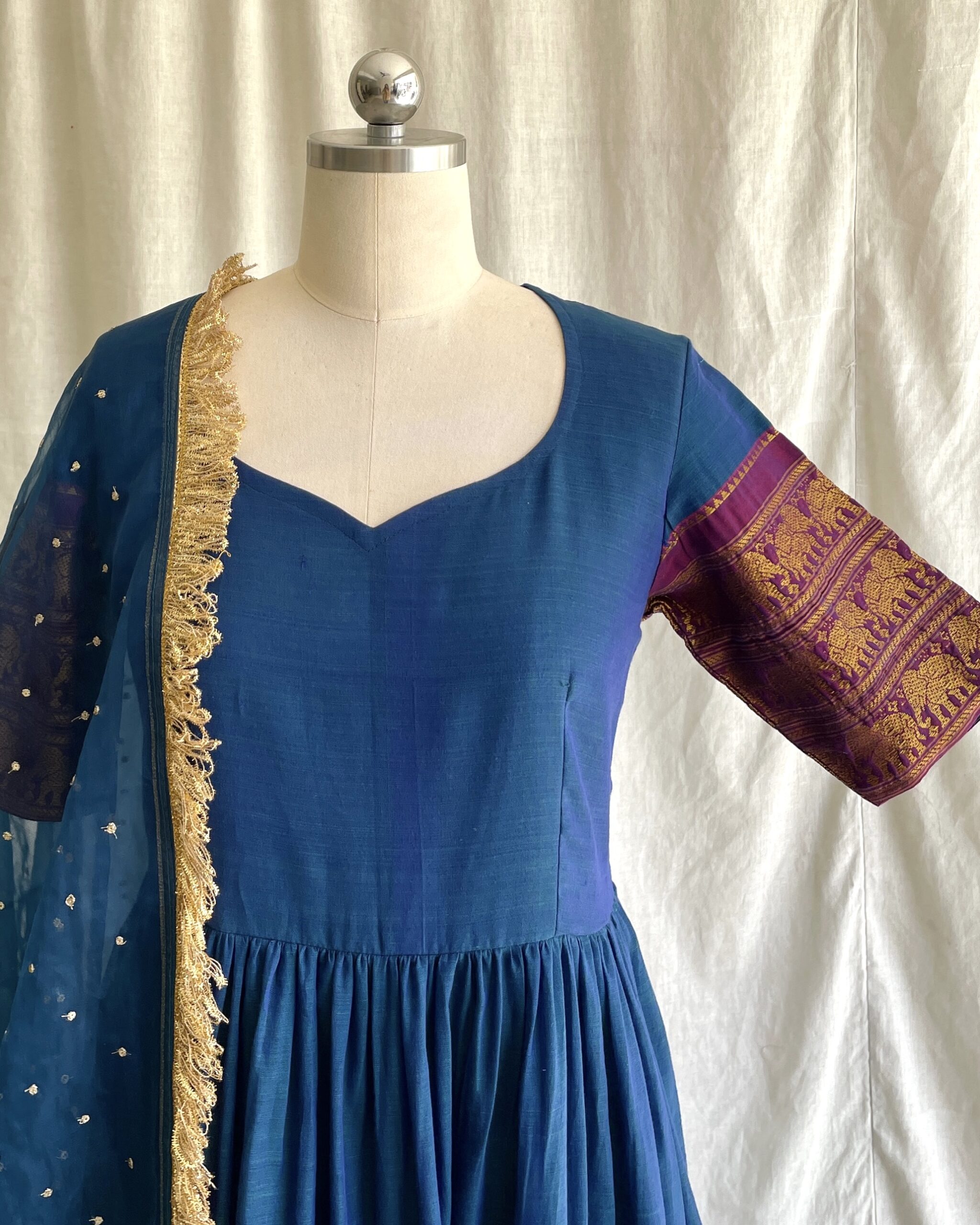 Navy blue handloom long dress with dupatta