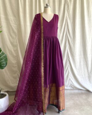 Wine handloom long dress with dupatta