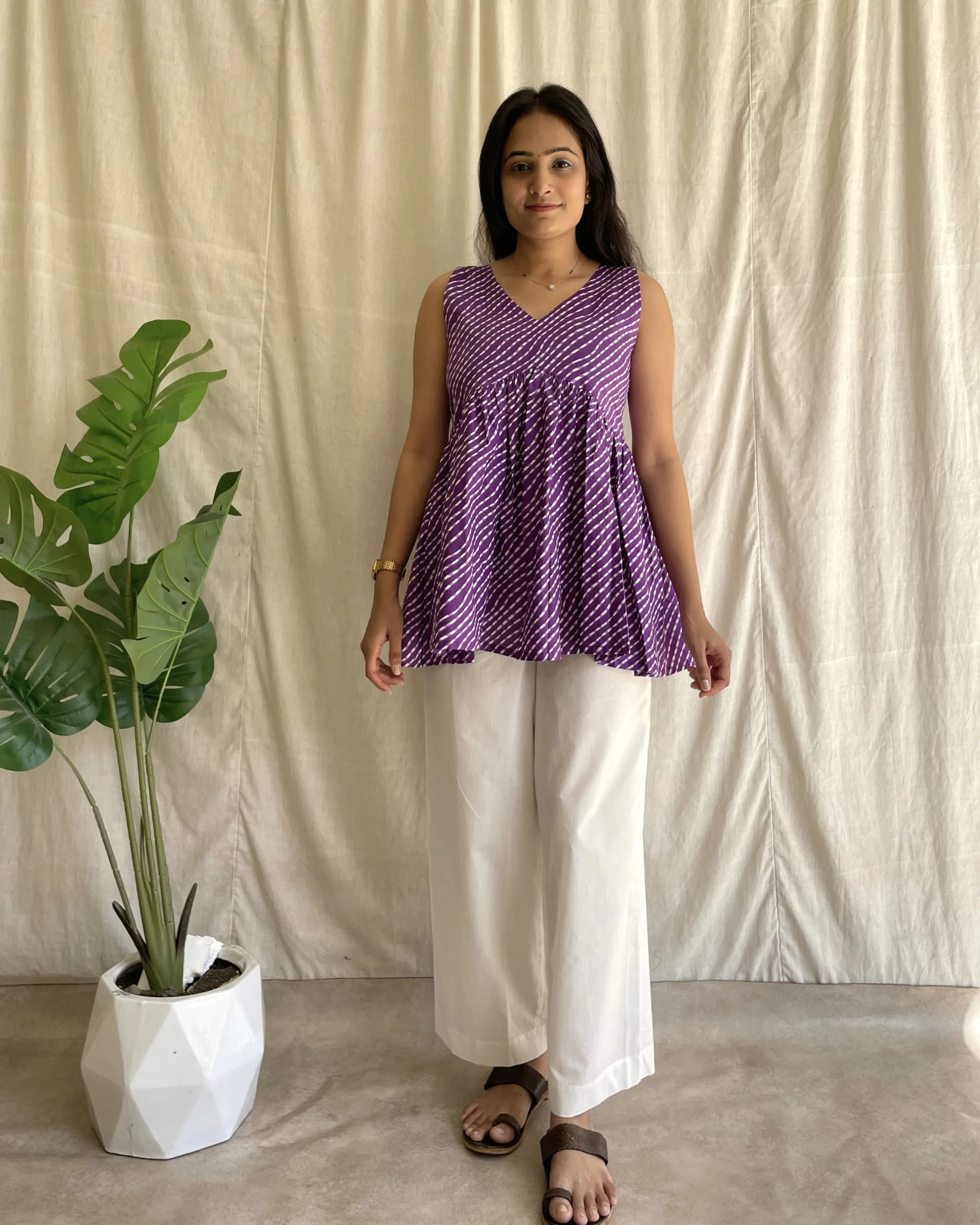 Purple cotton leheriya print peplum set