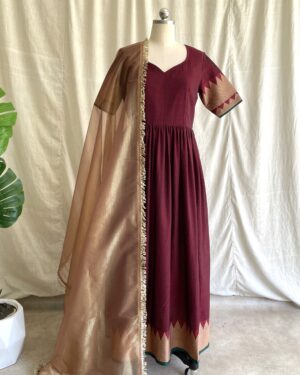 Maroon handloom long dress with dupatta