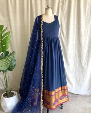 Navy blue handloom long dress with dupatta