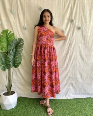 Orange floral print one shoulder dress