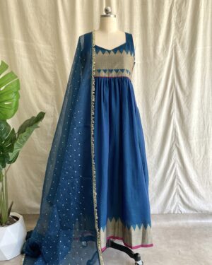 Navy blue handloom long dress with dupatta