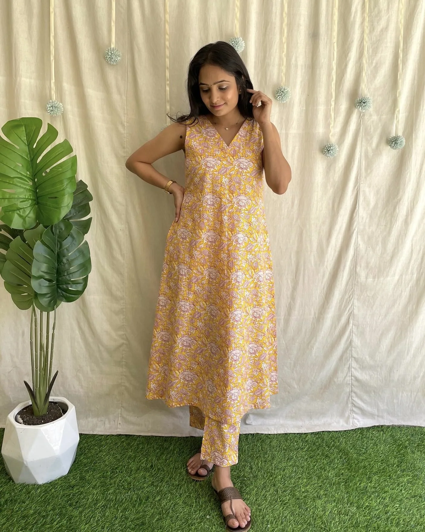 Yellow flroal print Cotton A line kurta set