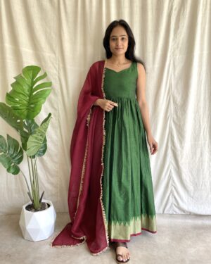 Parrot green handloom long dress with dupatta