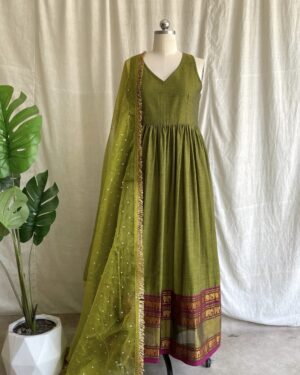 Lime green handloom long dress with dupatta