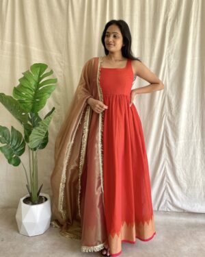Rust orange handloom long dress with dupatta