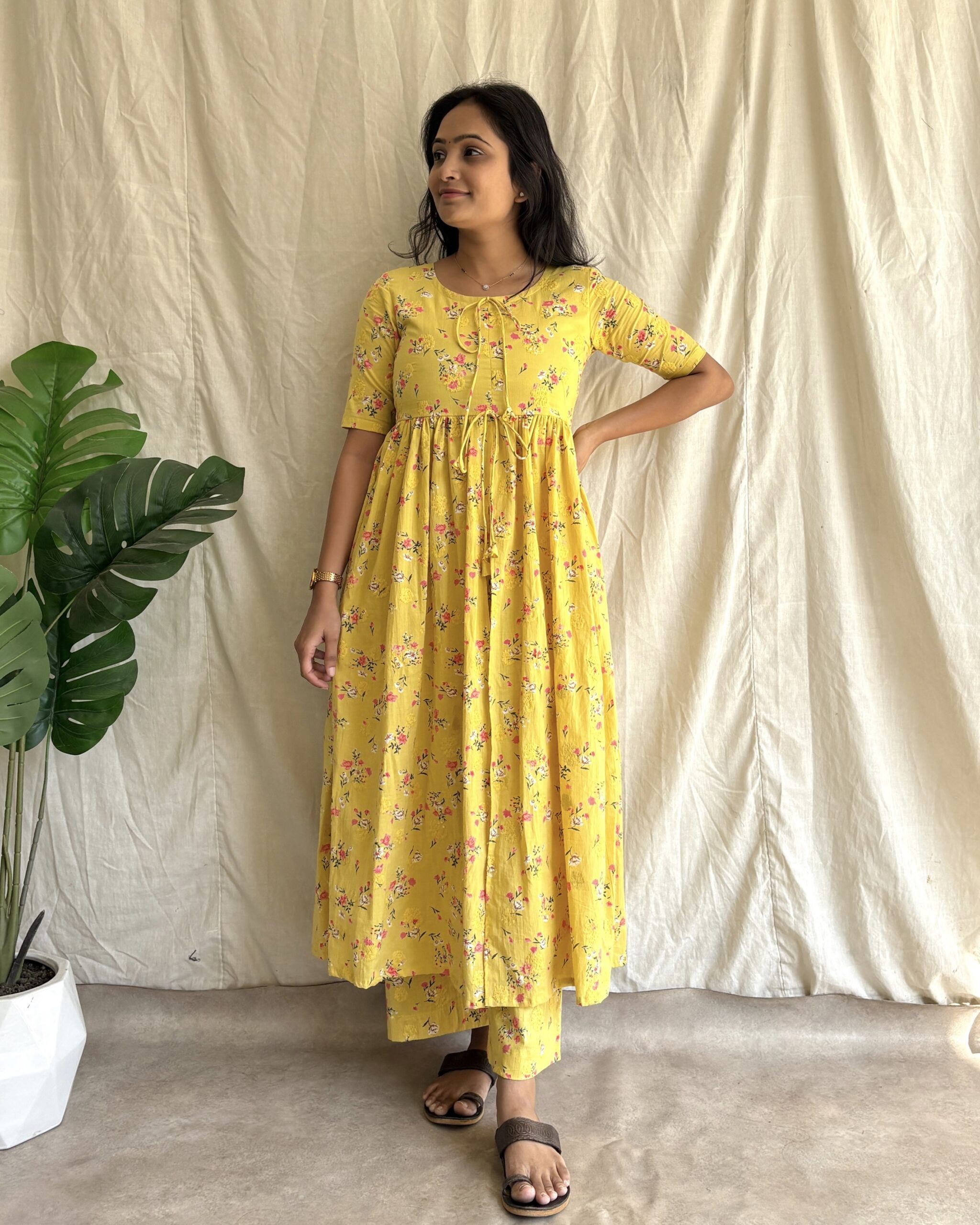 Yellow floral print embroidered kurta set