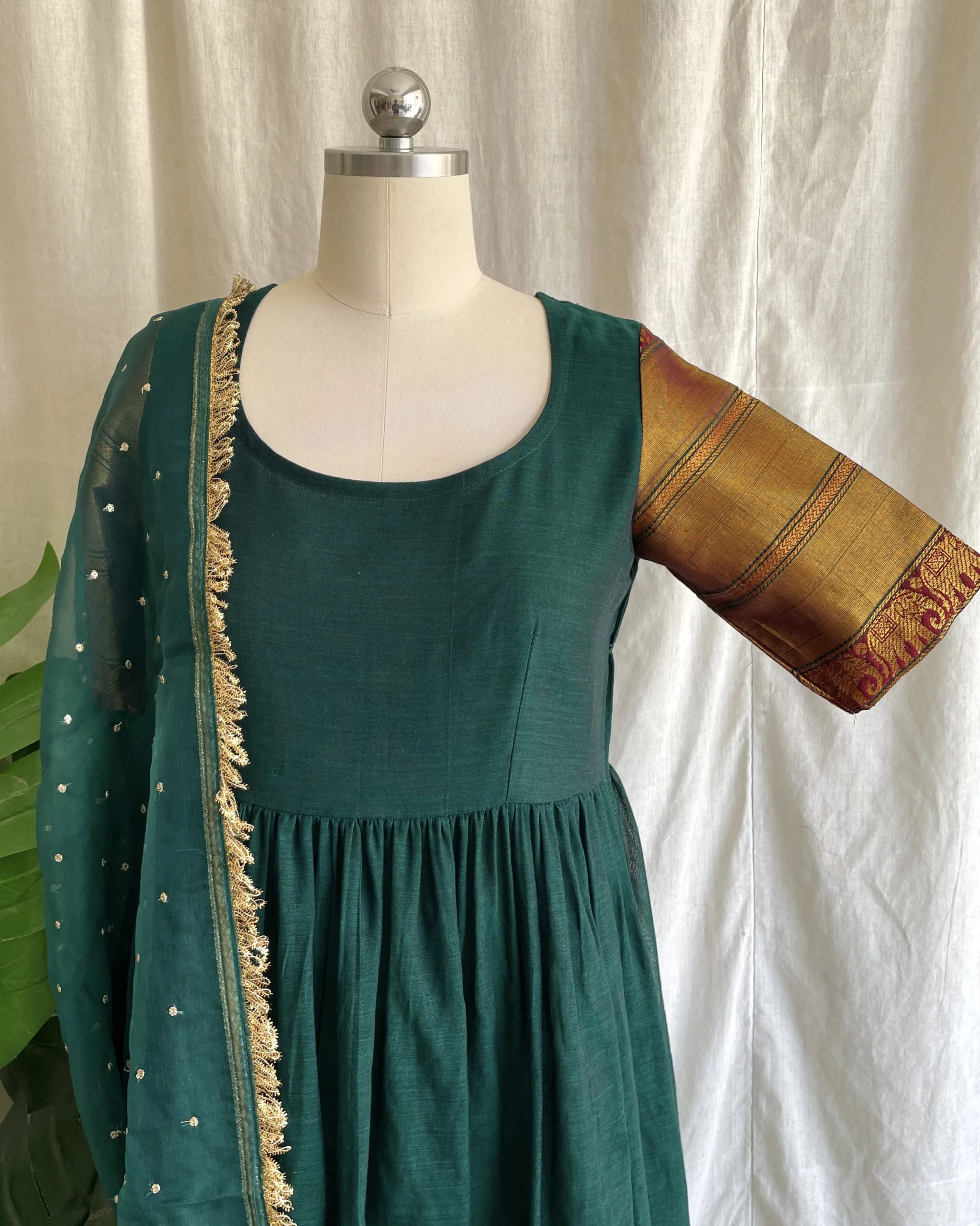 Green handloom long dress with dupatta
