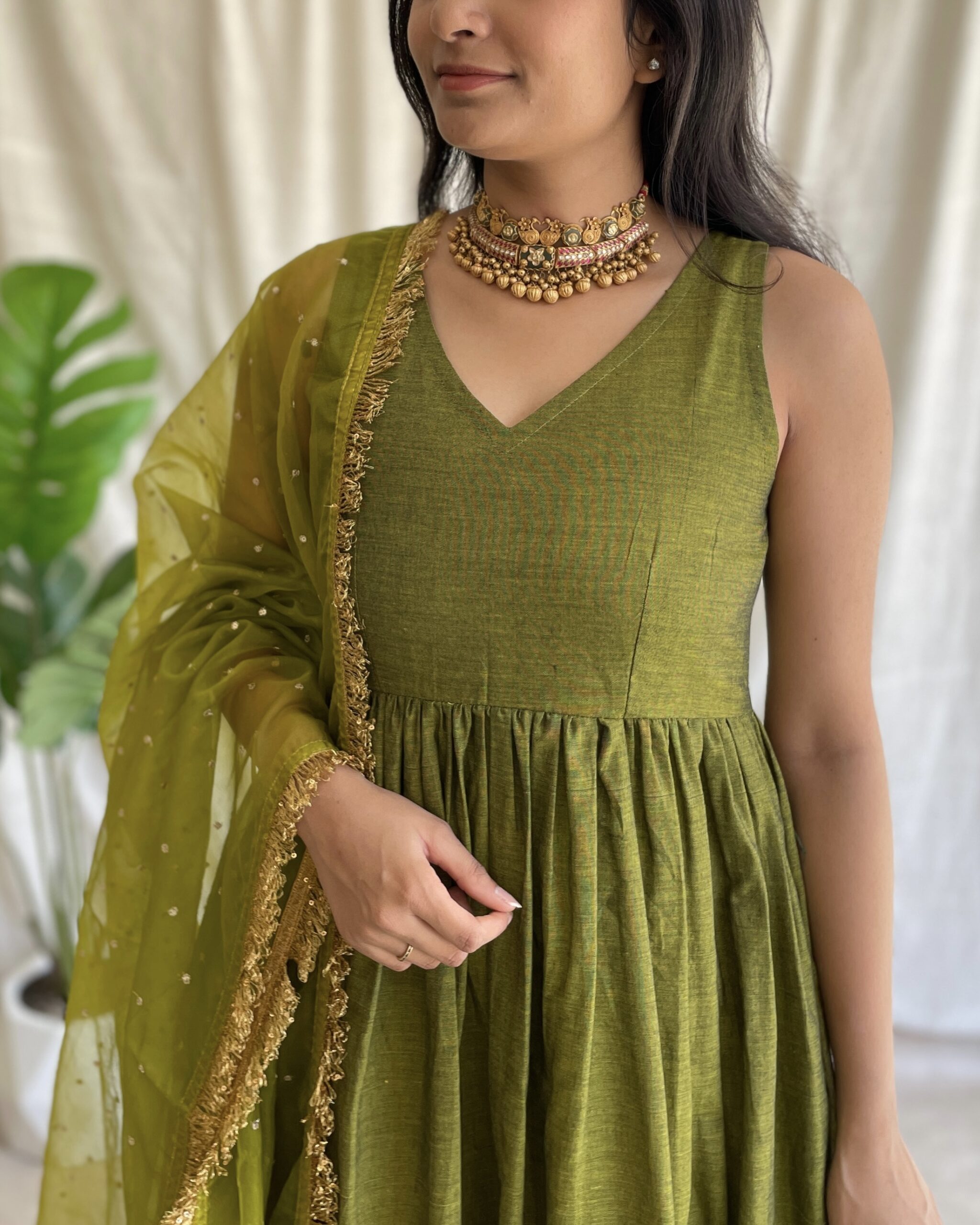 Lime green handloom long dress with dupatta