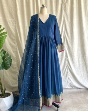 Navy blue handloom long dress with dupatta