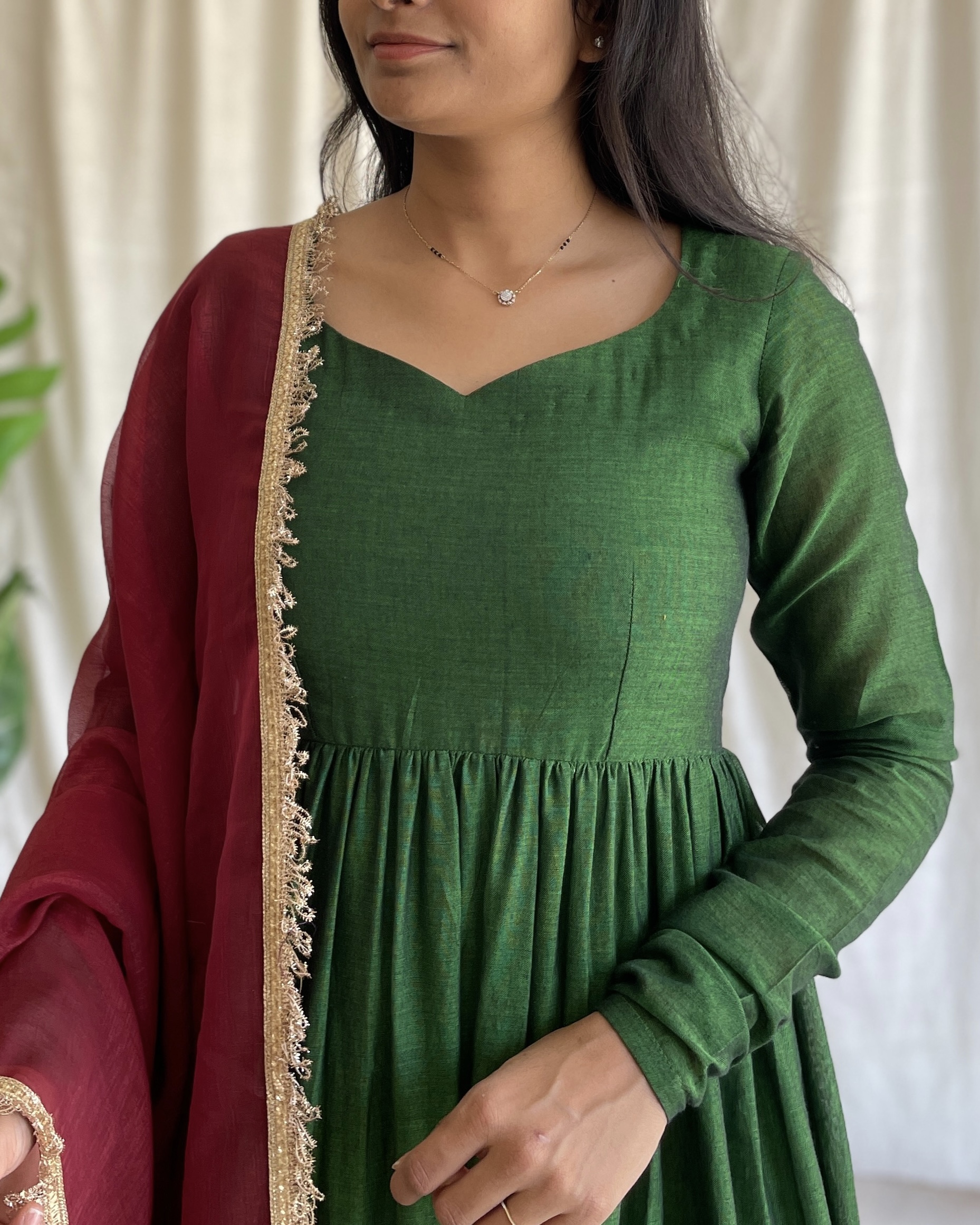 Parrot green handloom long dress with dupatta