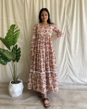 Cotton flroal print 3 tiered maxi dress