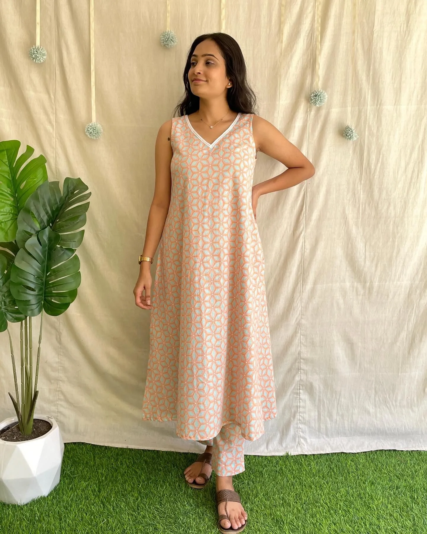 Pastel orange Cotton A line kurta set