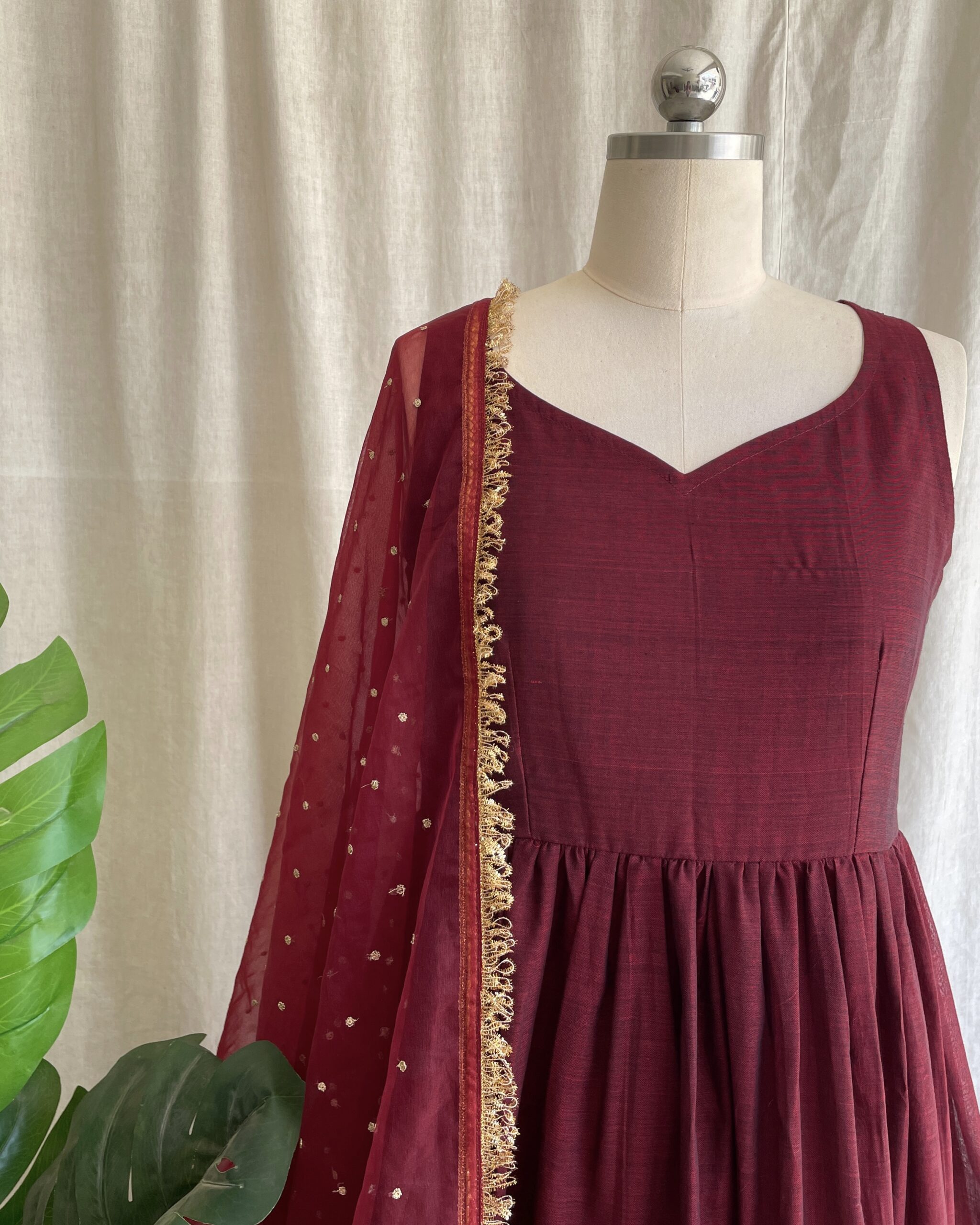Maroon handloom long dress with dupatta