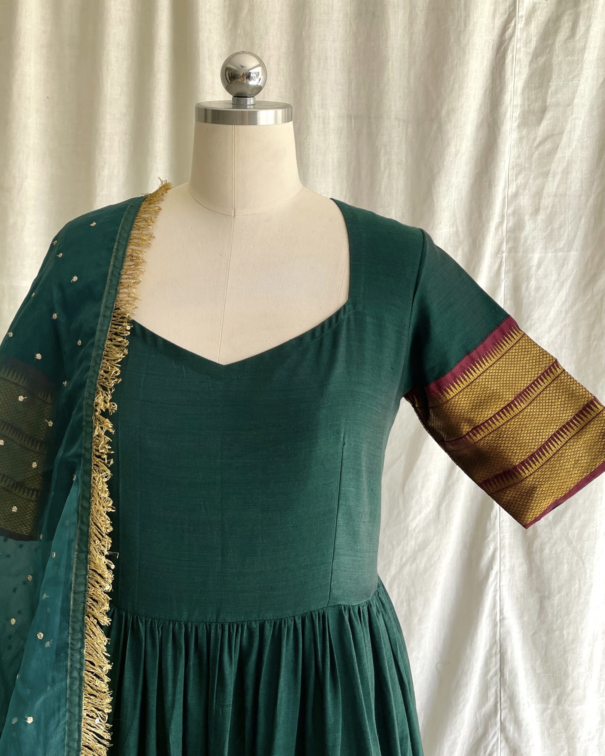 Green handloom long dress with dupatta