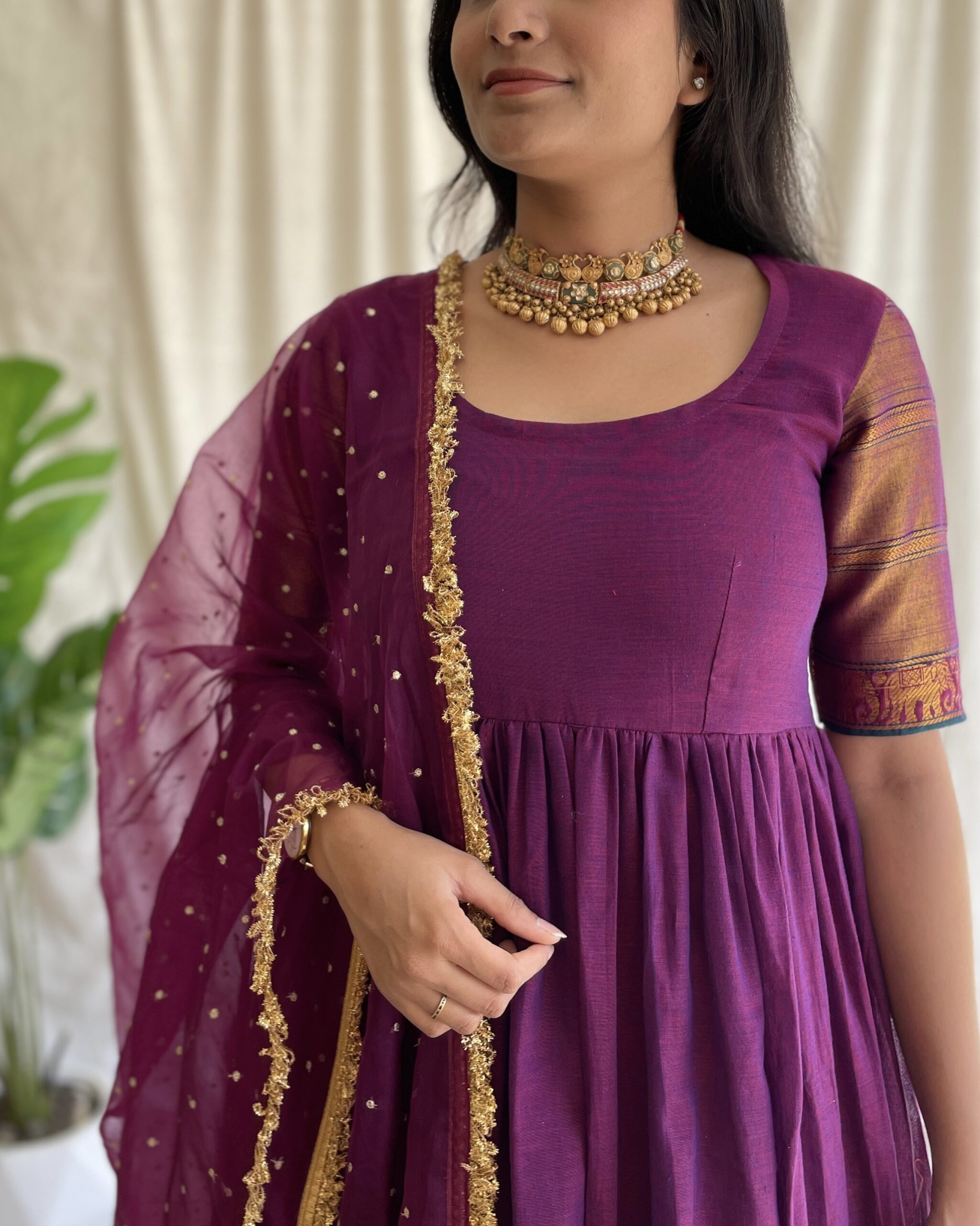 Wine handloom long dress with dupatta