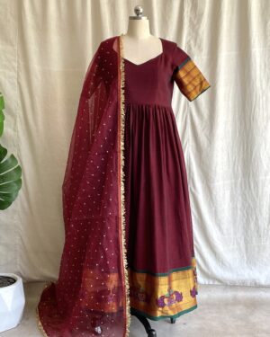 Maroon handloom long dress with dupatta