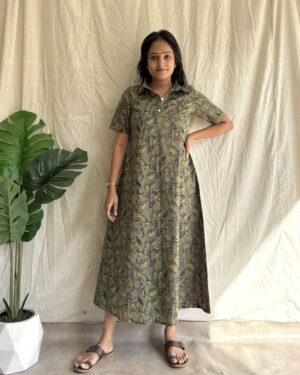 Olive Green cotton A line shirt dress