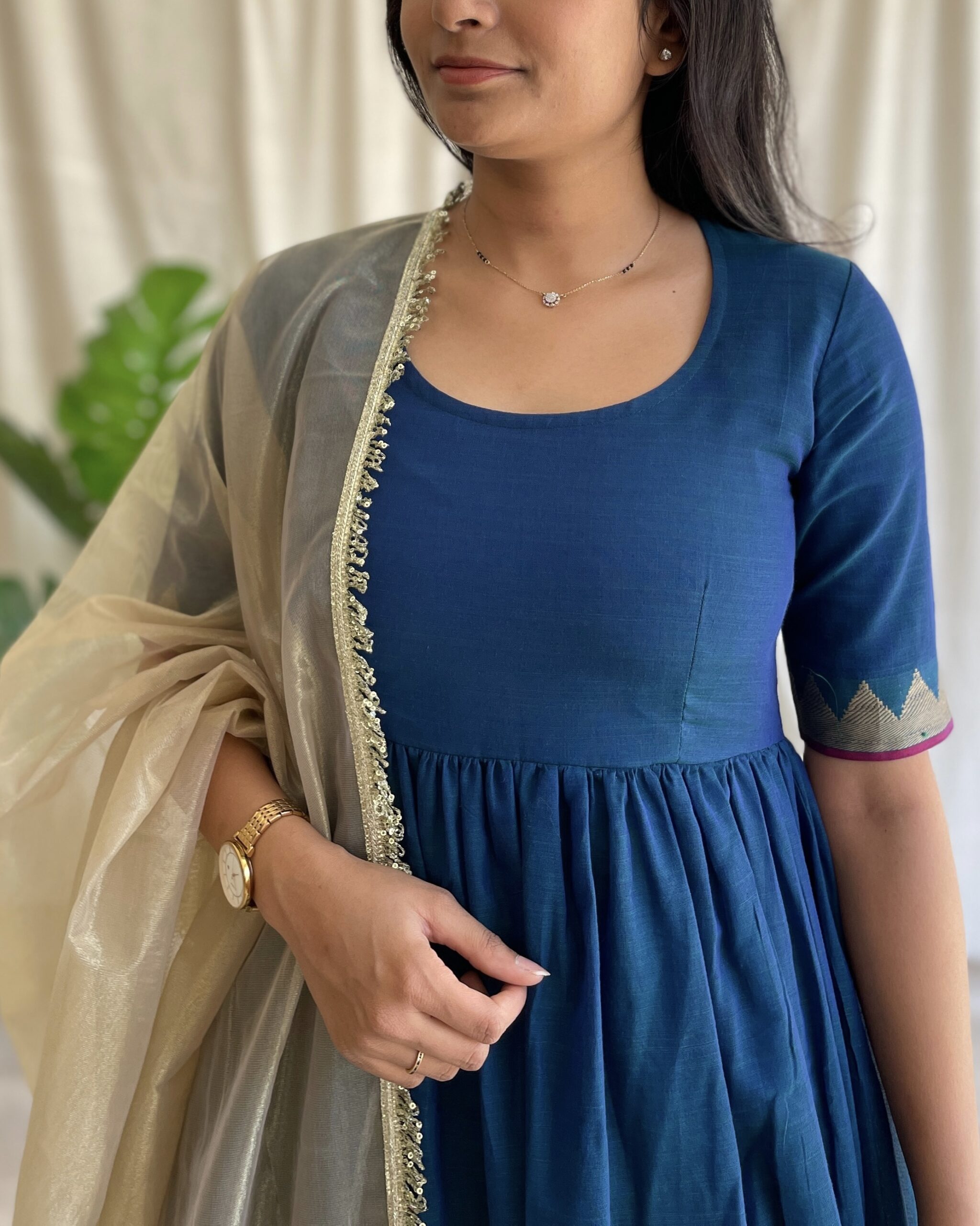 Navy blue handloom long dress with dupatta
