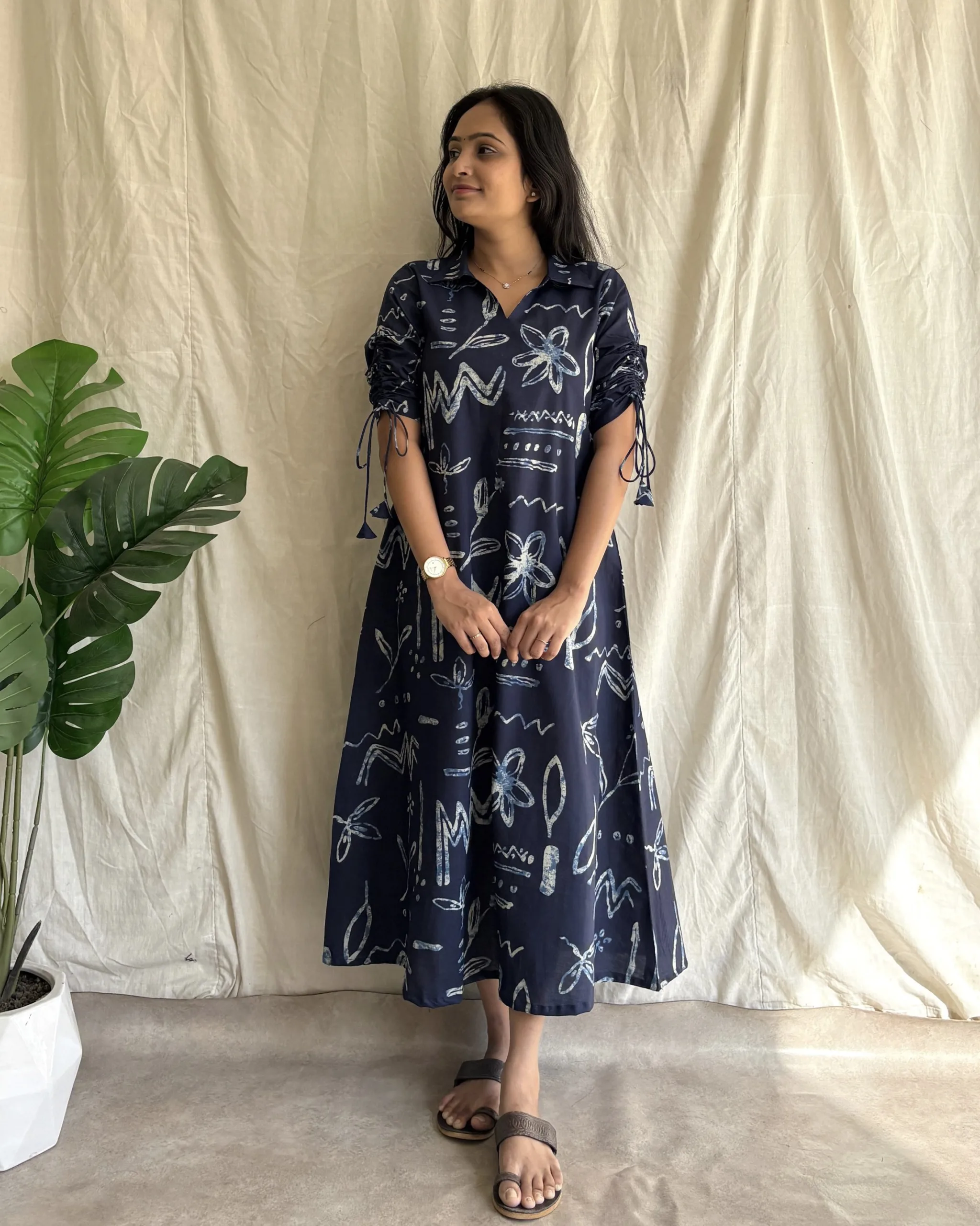 Navy blue cotton A line dress