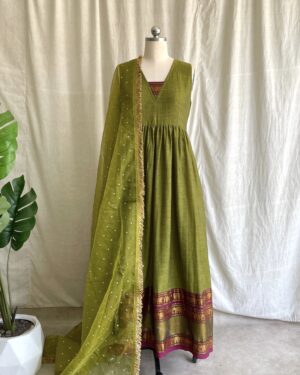 Lime green handloom long dress with dupatta