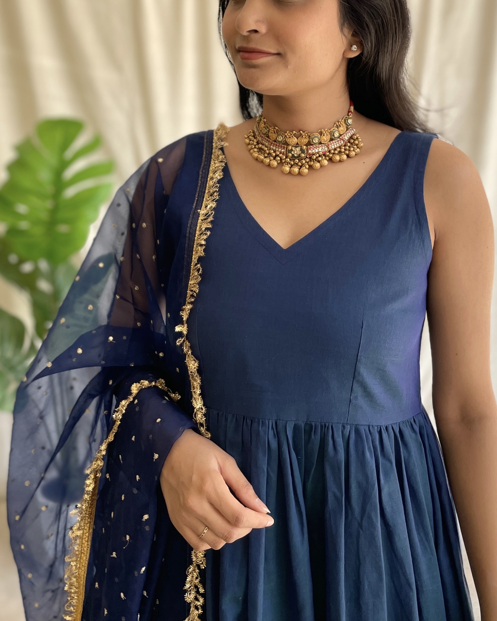 Navy blue handloom long dress with dupatta