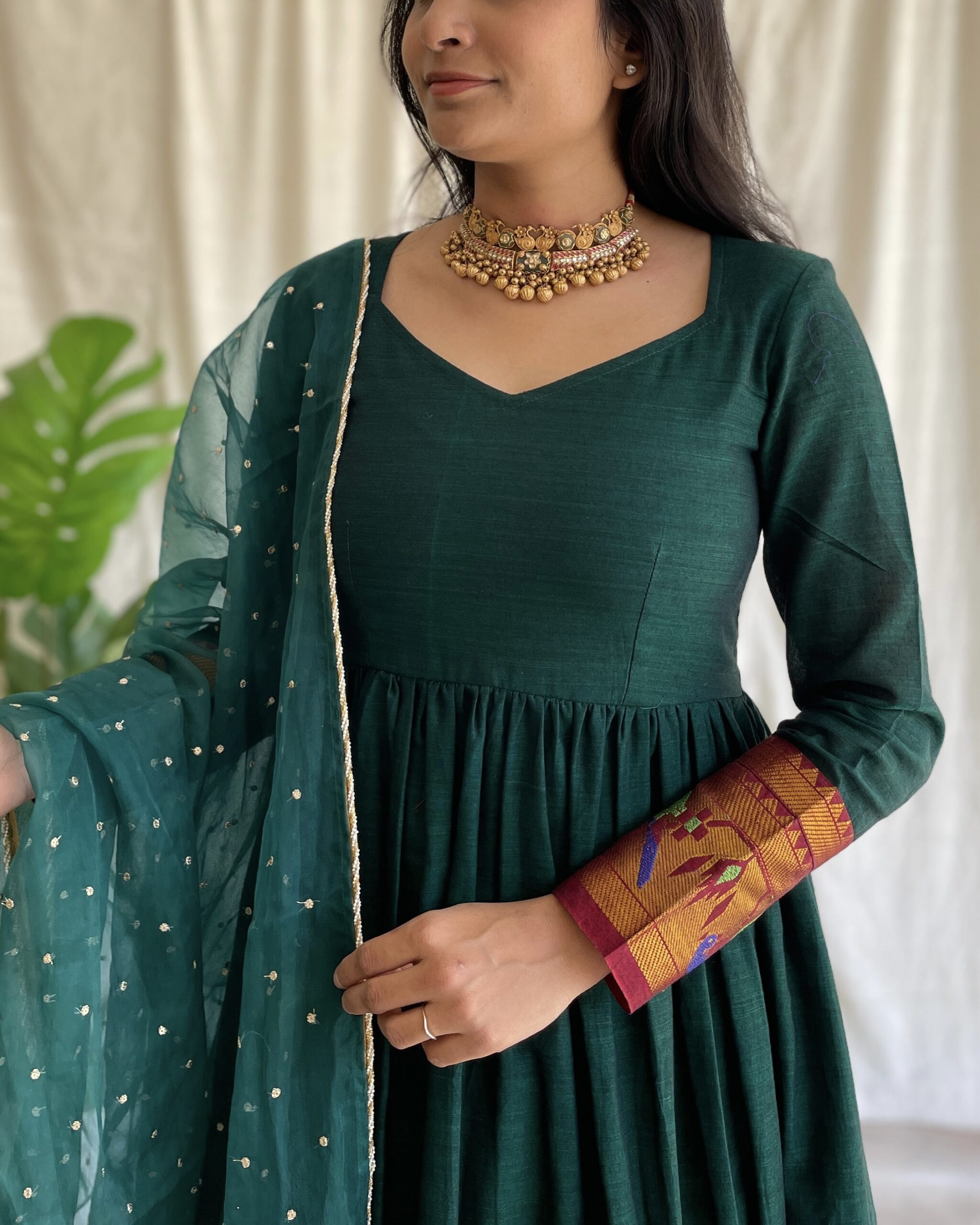Green handloom long dress with dupatta