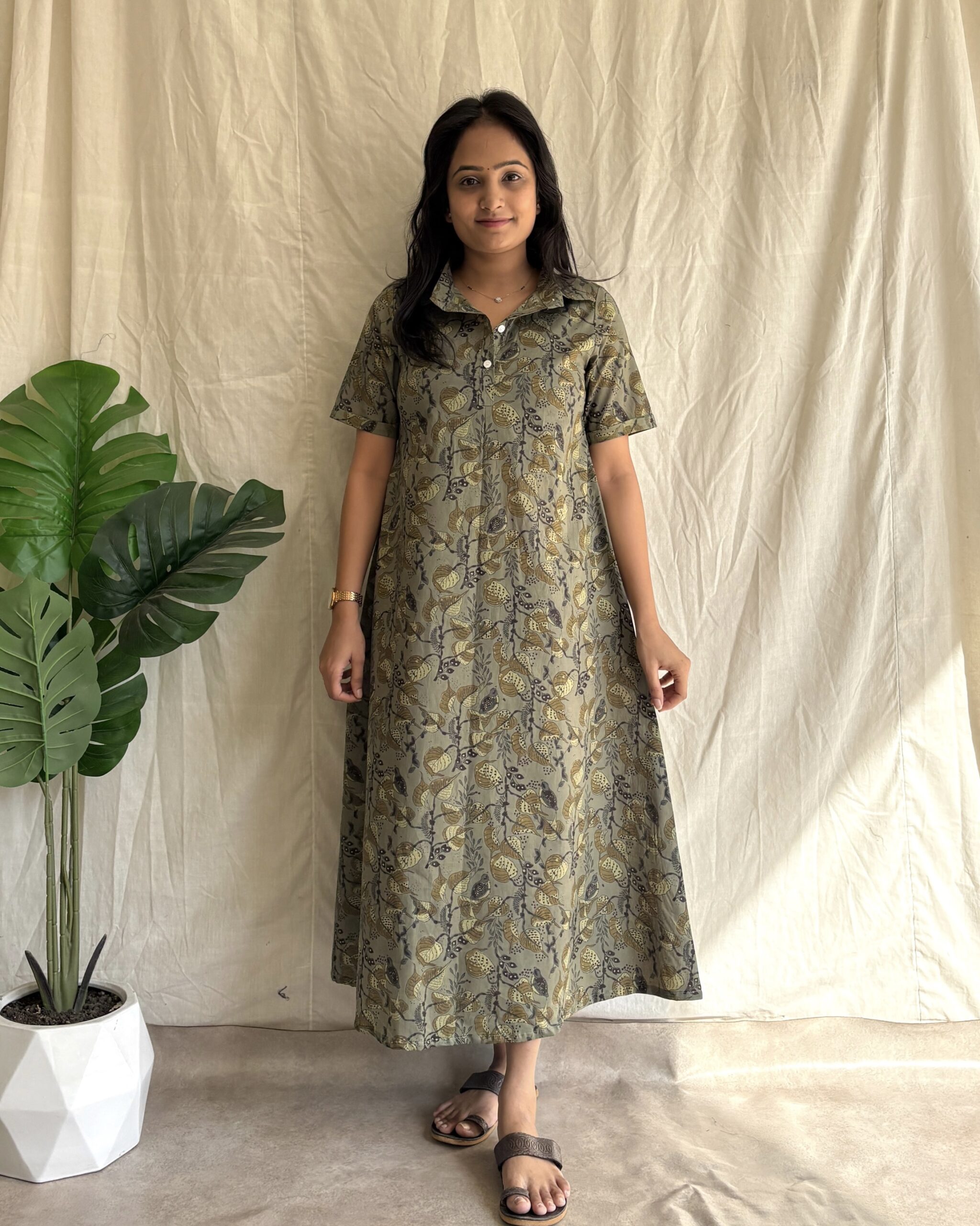 Olive Green cotton A line shirt dress