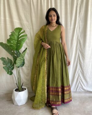 Lime green handloom long dress with dupatta