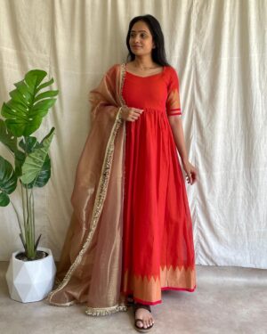 Rust orange handloom long dress with dupatta