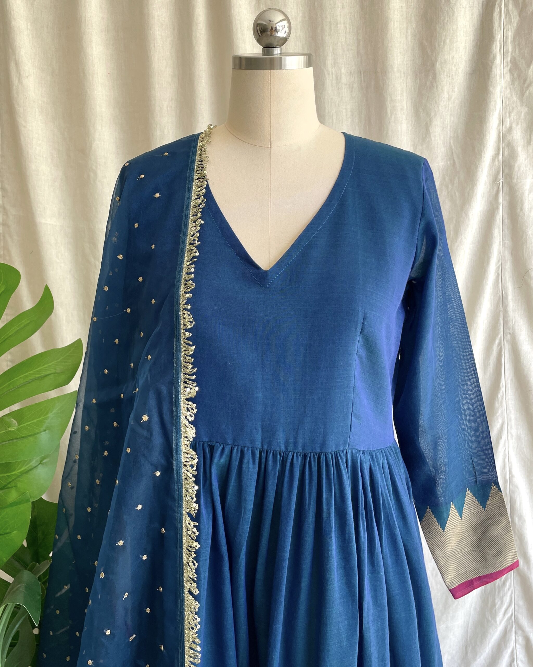 Navy blue handloom long dress with dupatta