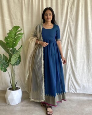 Navy blue handloom long dress with dupatta