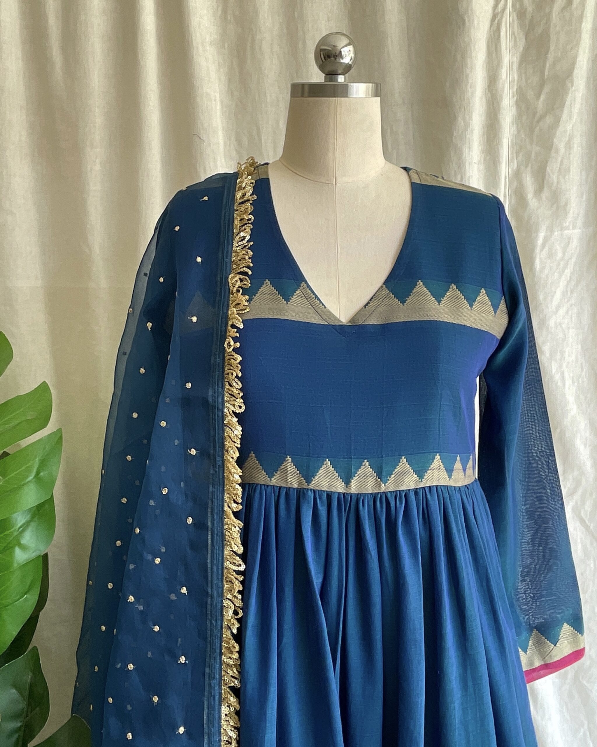 Navy blue handloom long dress with dupatta