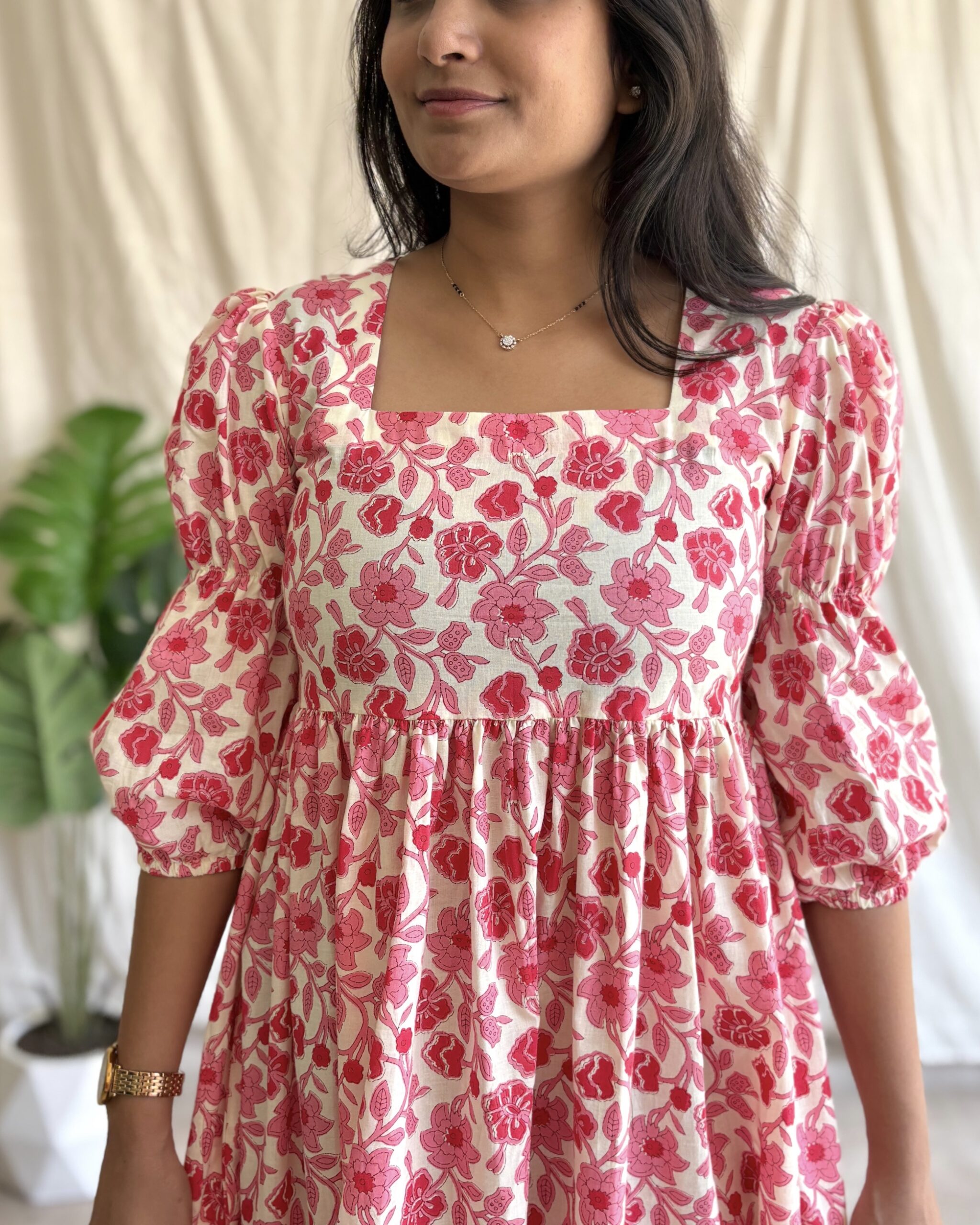 Pink floral print cotton maci dress