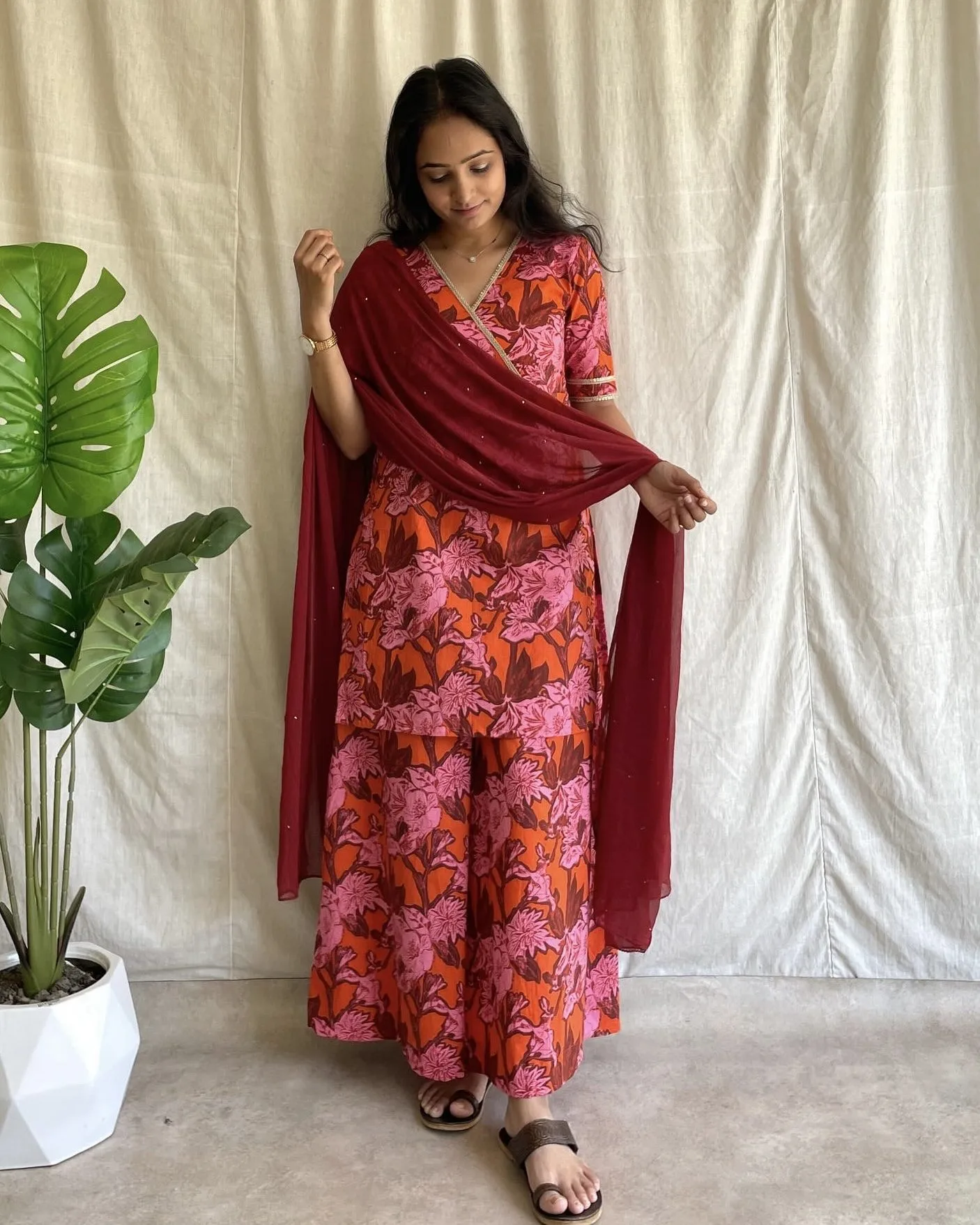 Orange floral print cotton suit set