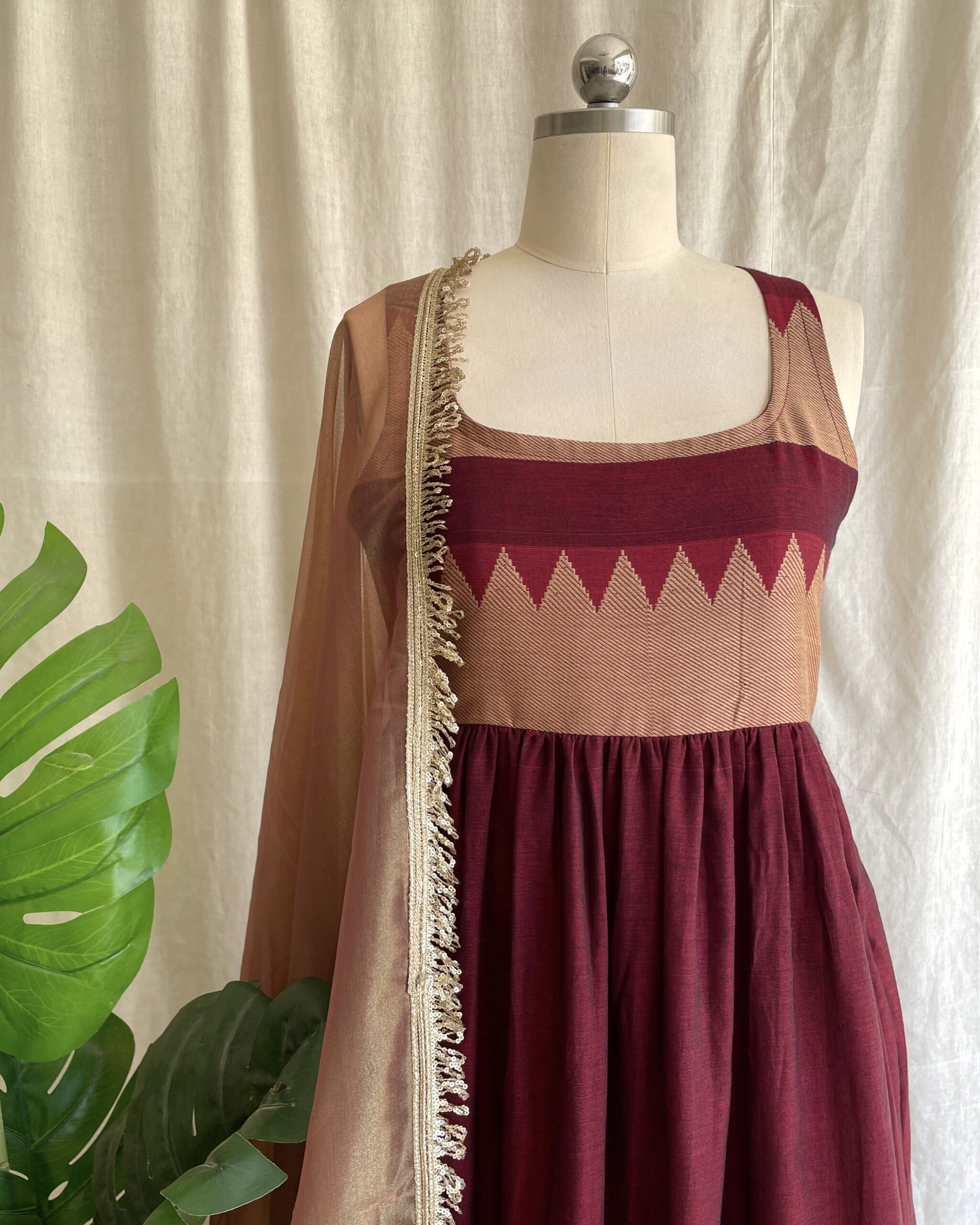 Maroon handloom long dress with dupatta
