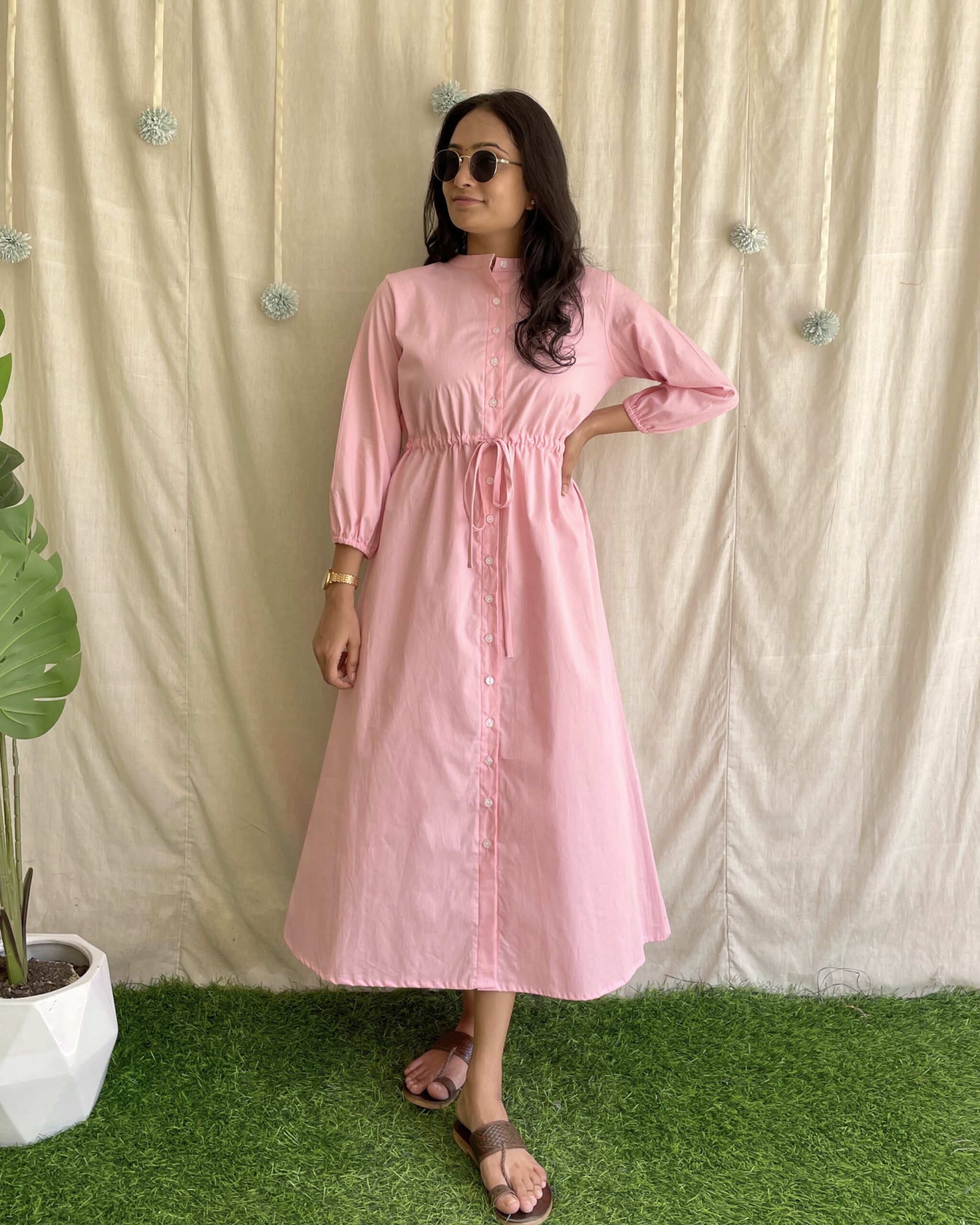 Pink cotton tie up maxi dress