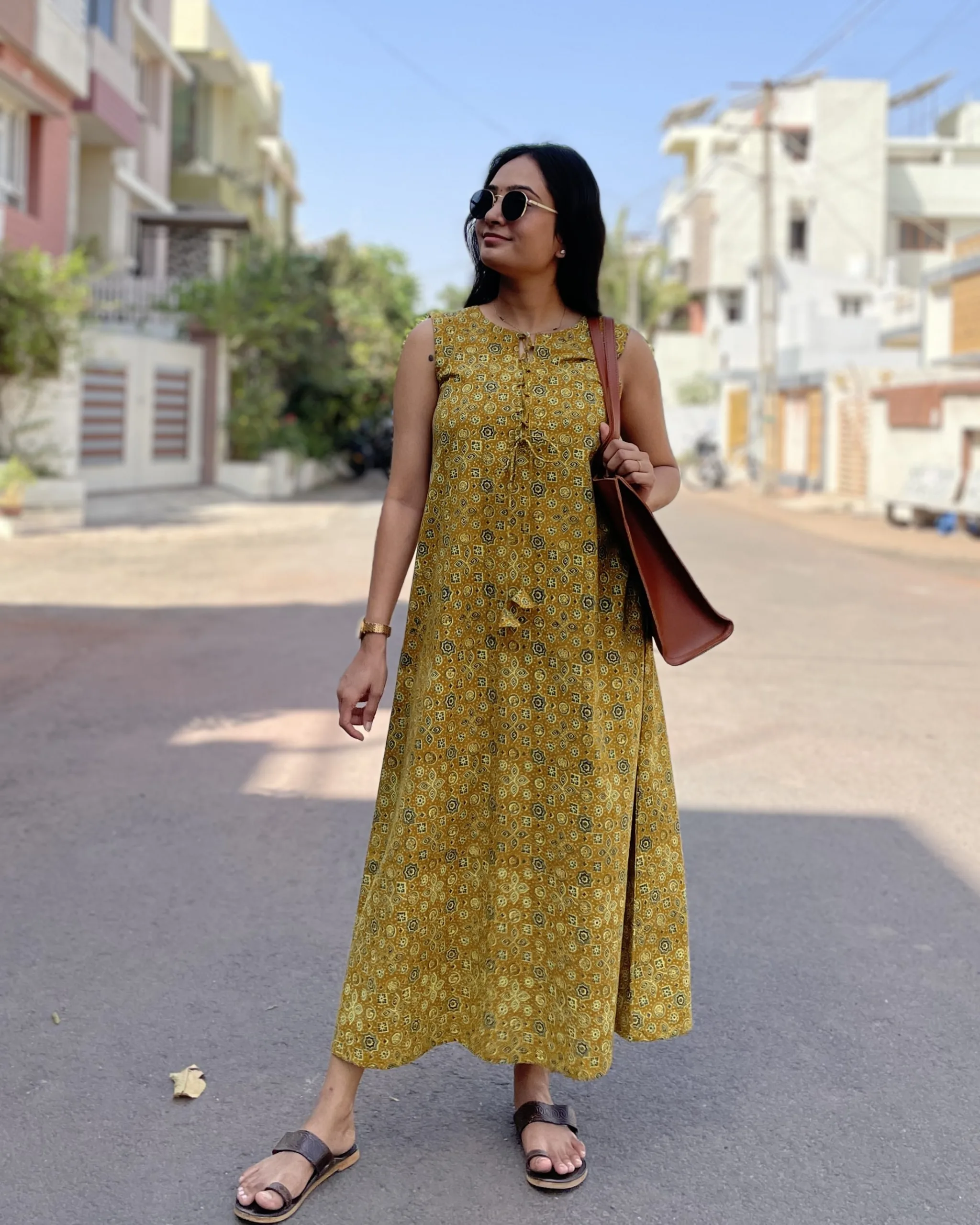 Mustard Ajrakh print A line dress