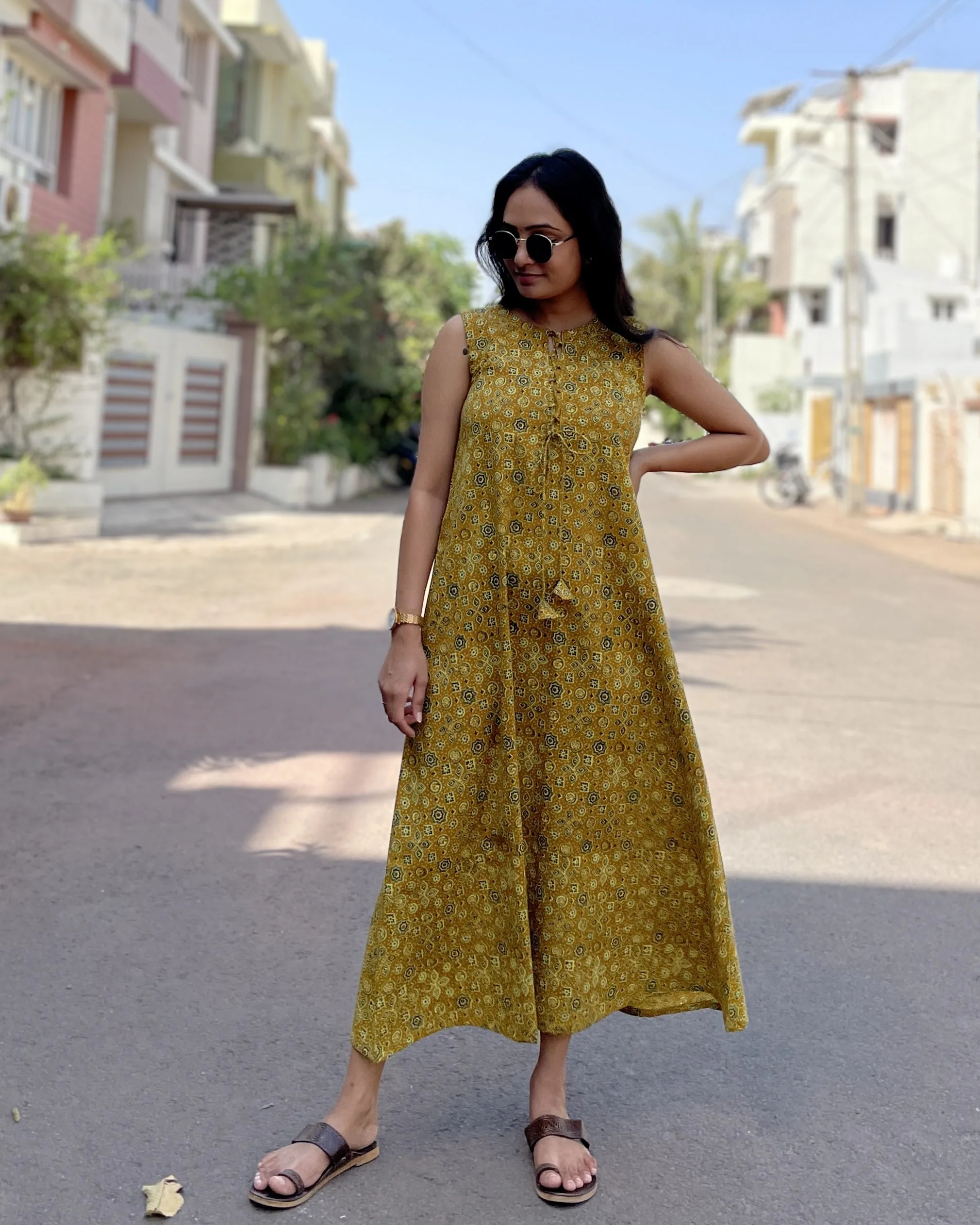 Mustard Ajrakh print A line dress