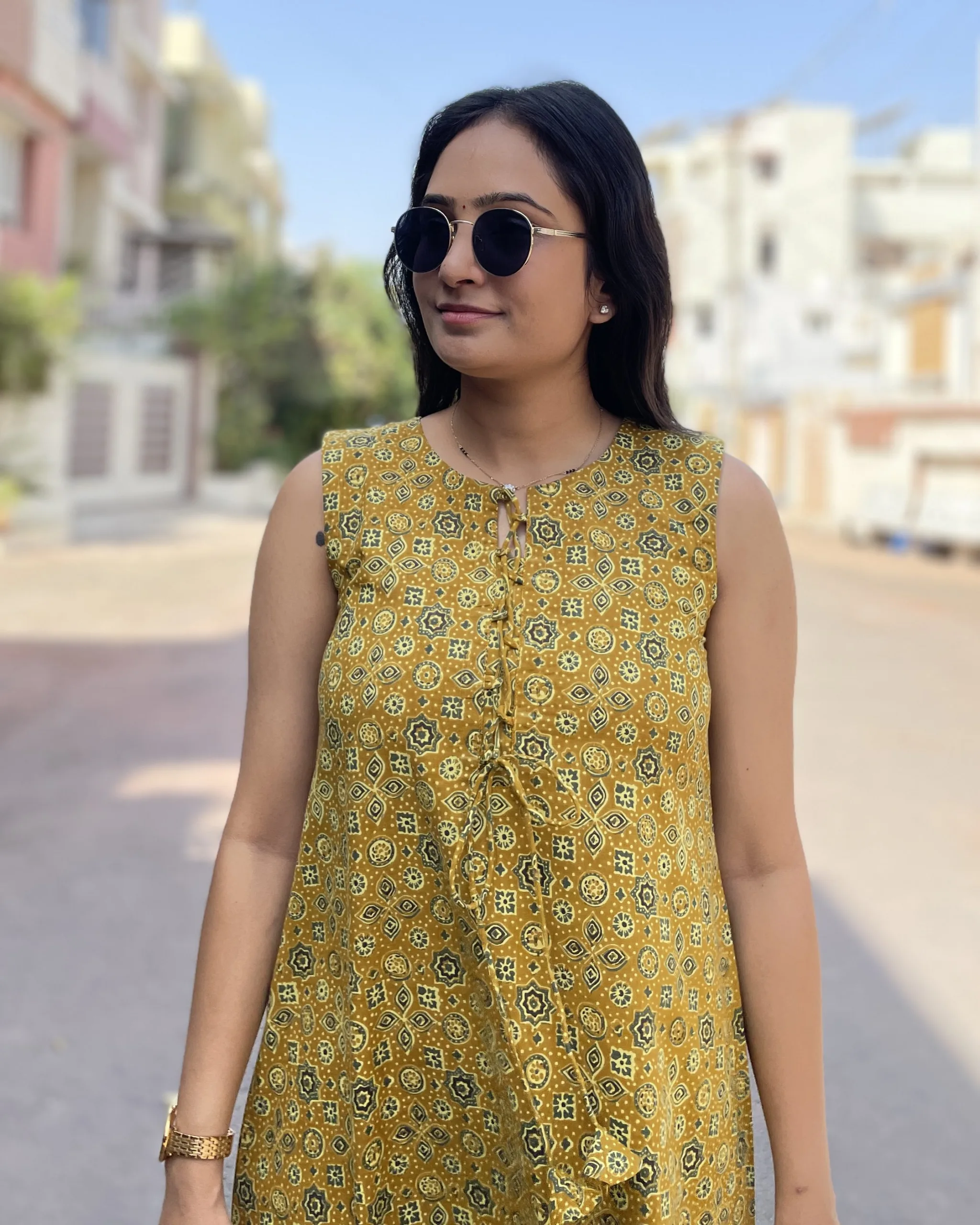 Mustard Ajrakh print A line dress - Image 3