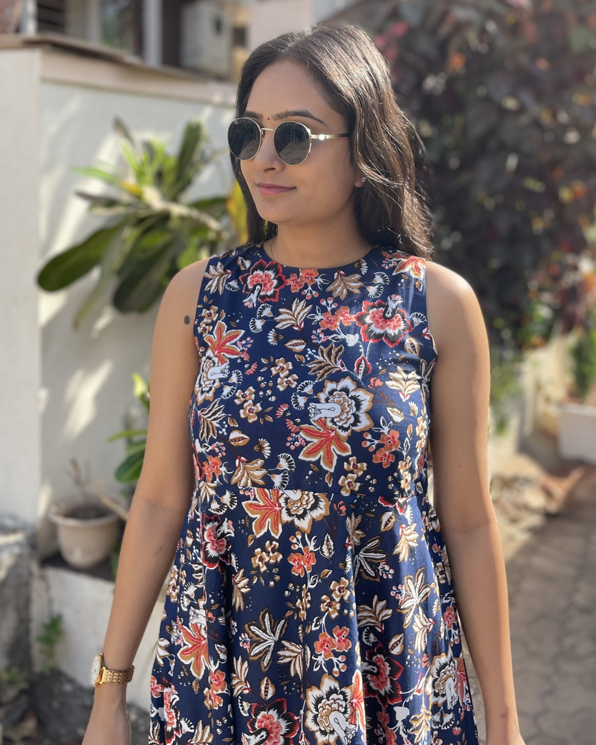 Cotton floral print umbrella flare dress